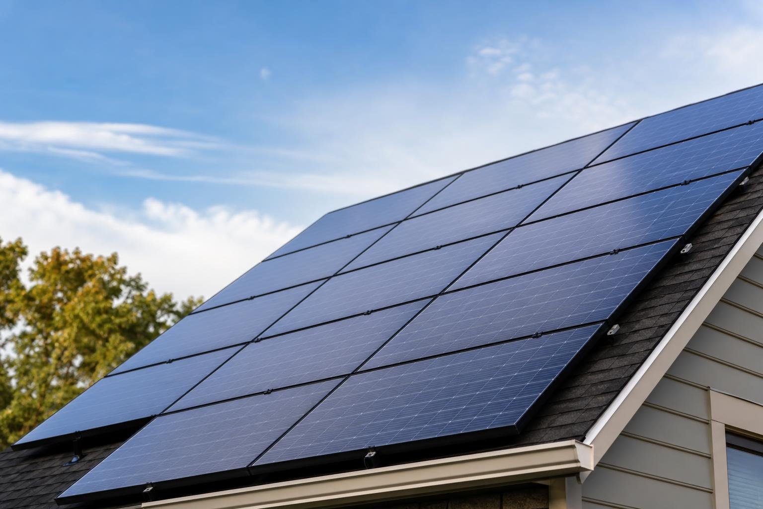 Close-up view of rooftop solar panels on a residential home in Yonkers, New York, with warm daylight and clear sky reflections.